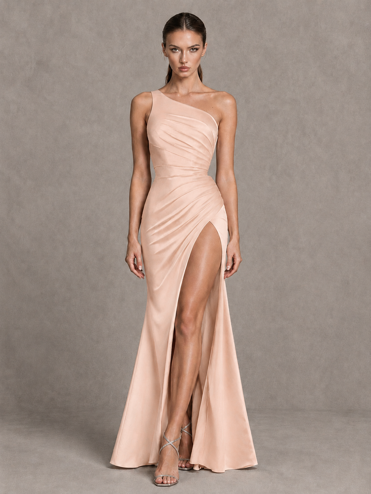 BOLODOO Rose Gold One-Shoulder Ruched Satin-Look Evening Gown with High Slit - Rose Gold - Rose Gold_4