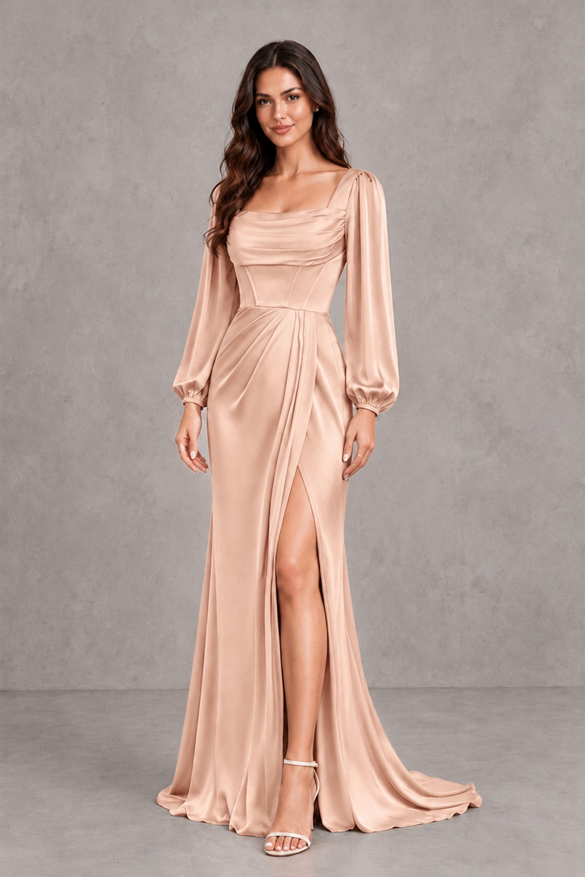 BOLODOO Rose Gold Satin-Look Long Sleeve Evening Dress with High Slit - Rose Gold - Rose Gold_4