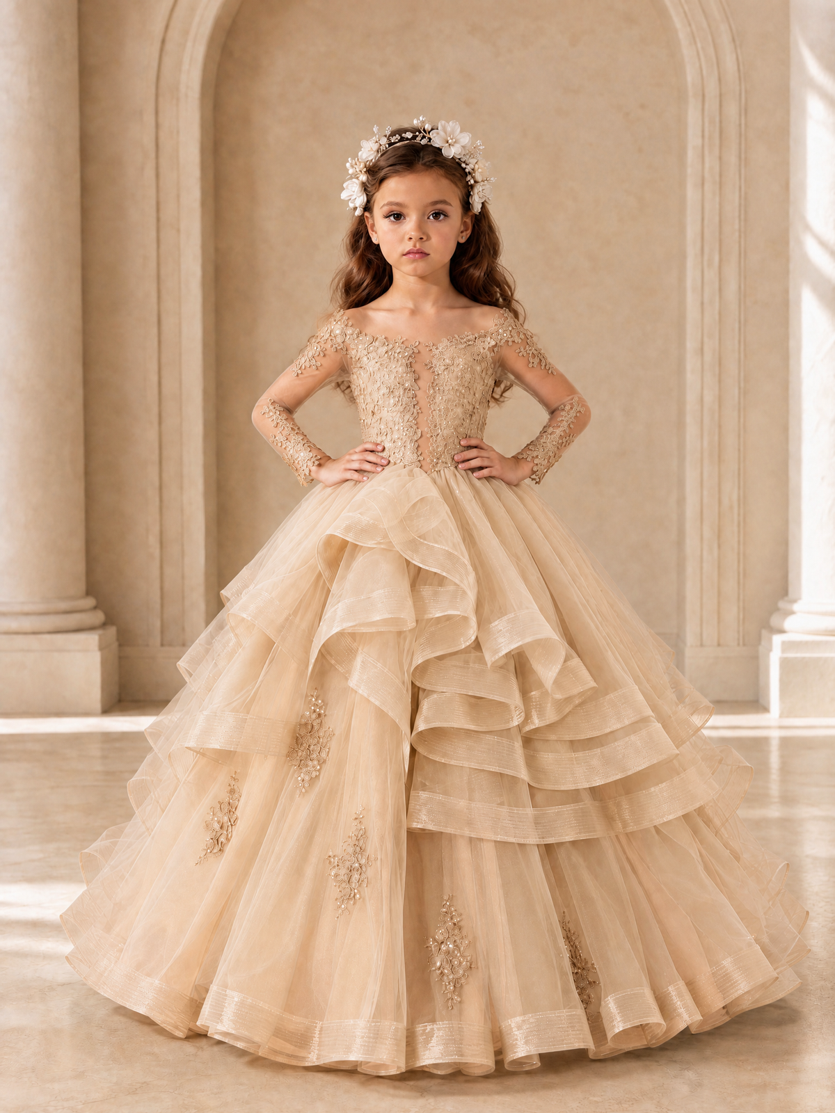 BOLODOO Rose Gold Lace Long Sleeve Tiered Flower Girl Dress - Rose Gold - Rose_Gold_4