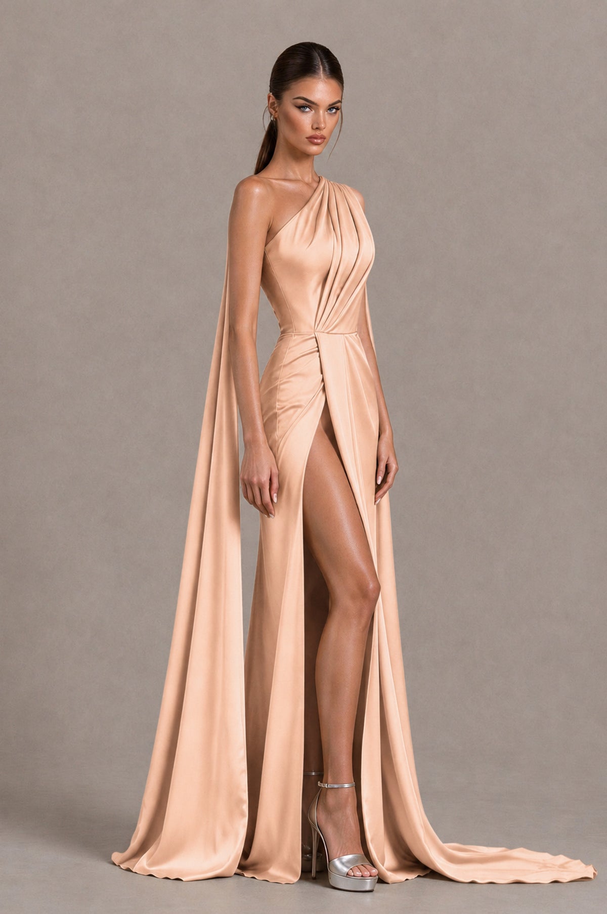 BOLODOO Rose Gold One Shoulder Satin Evening Dress with High Slit and Draped Cape Train - Rose Gold - Rose Gold_4