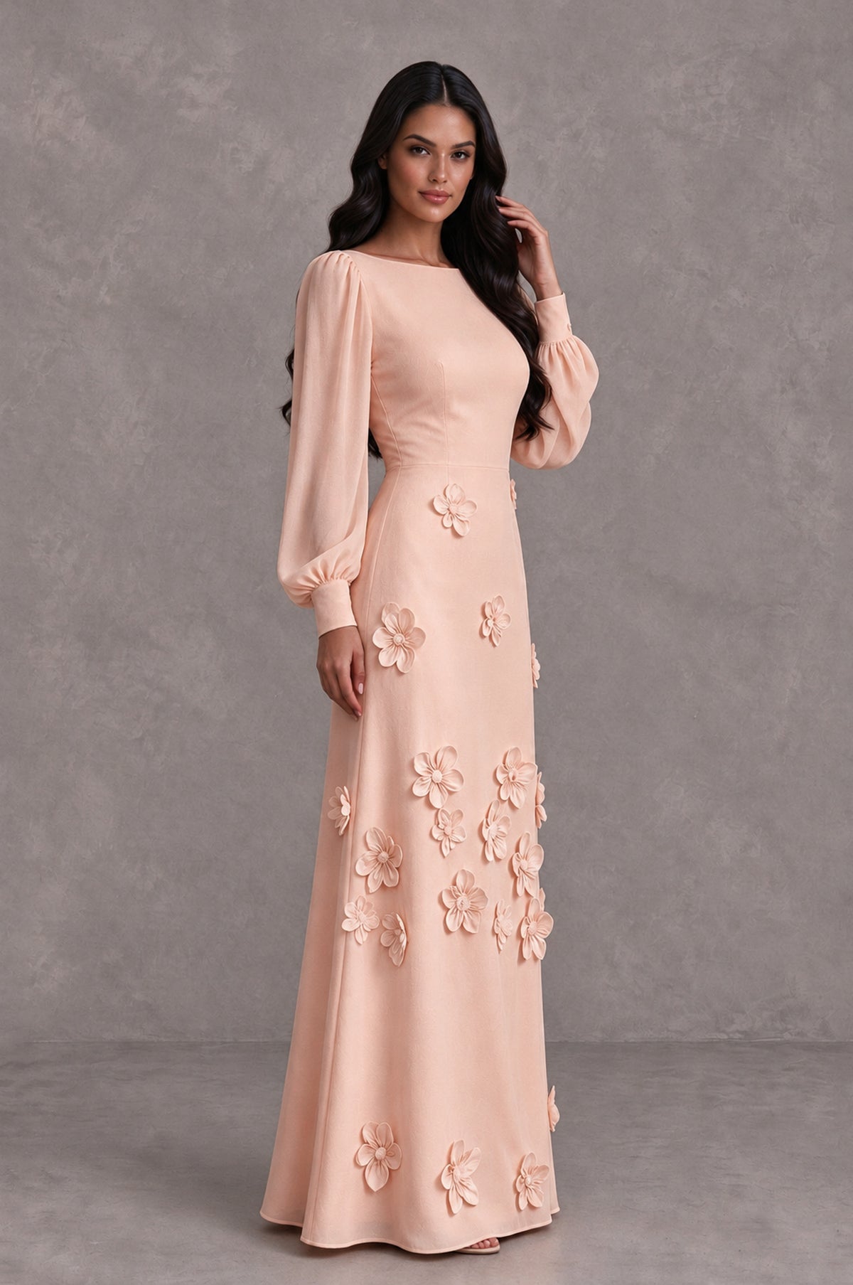 BOLODOO Rose Gold Long Sleeve Floral Applique A-Line Evening Dress - Rose Gold - Rose Gold_4