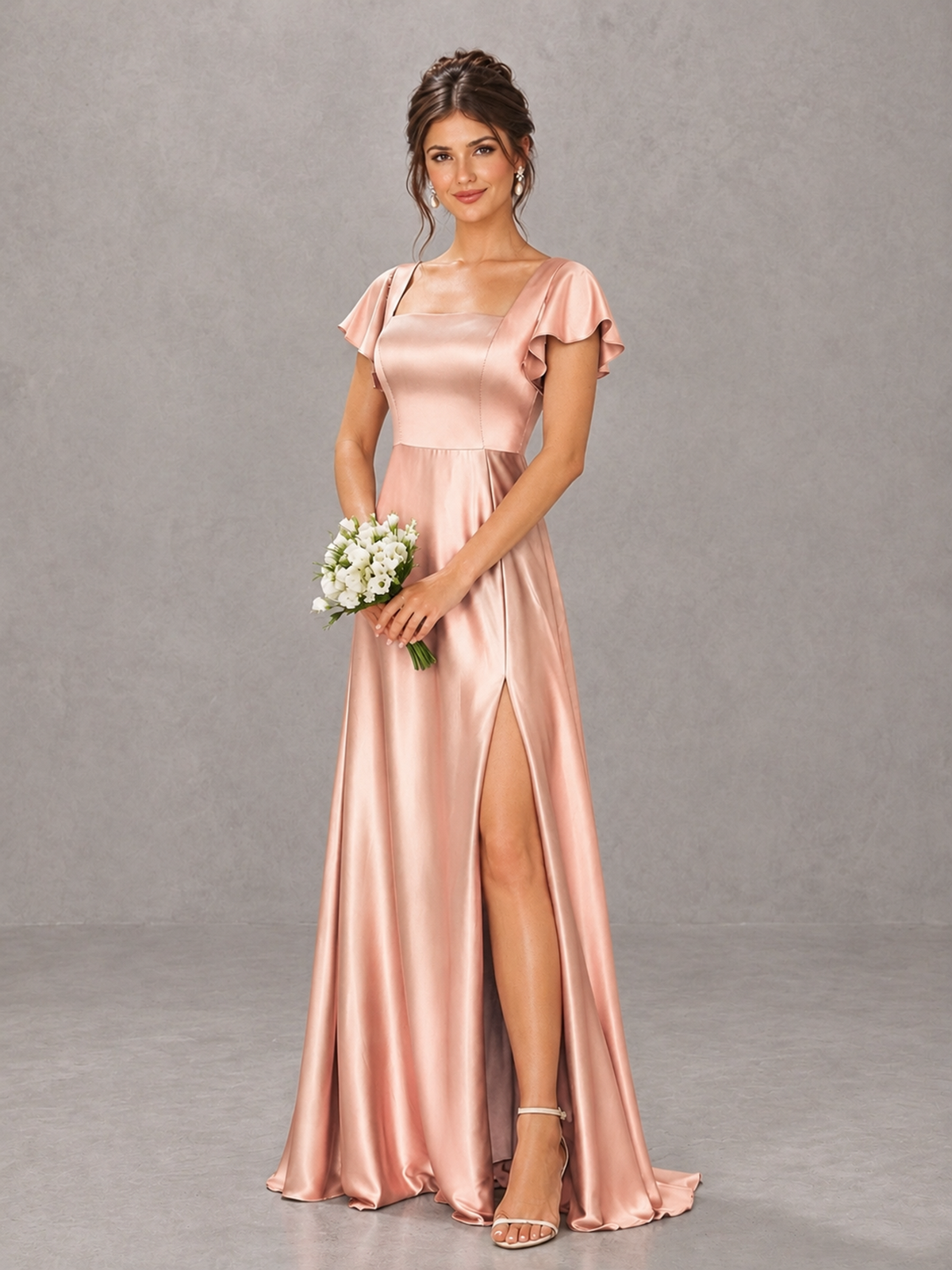 BOLODOO Rose Gold Satin Square Neck Flutter Sleeve A-Line Bridesmaid Dress with Slit - Rose Gold - Rose Gold_4