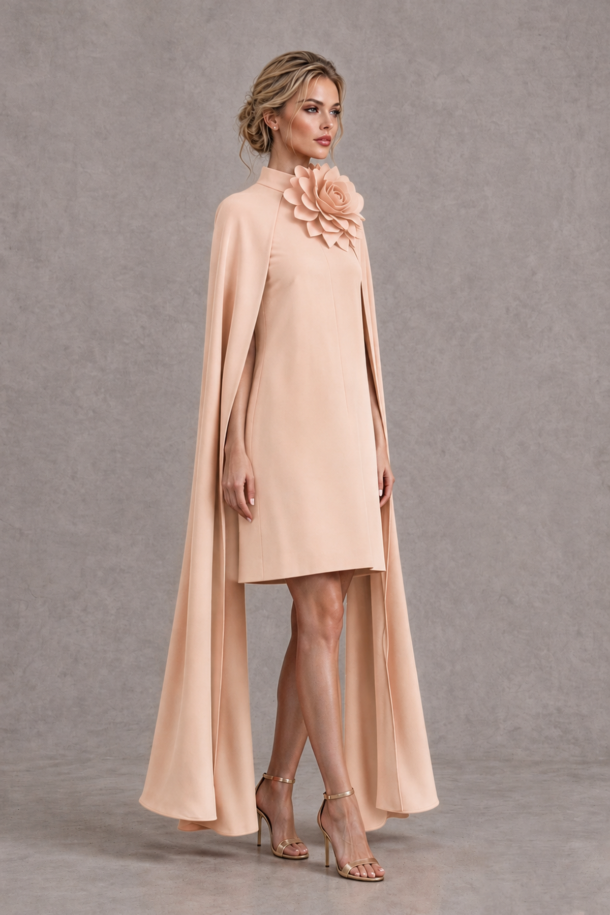 BOLODOO Rose Gold High Neck Floral Cape Mini Cocktail Dress - Rose Gold - Rose Gold_4