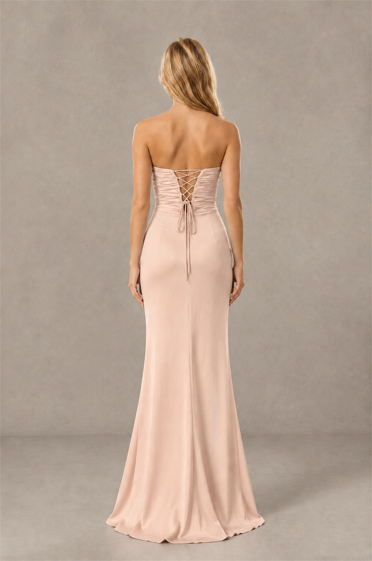 BOLODOO Rose Gold Sweetheart Strapless Twist Knot Cutout Lace-Up Back Satin Mermaid Maxi Dress - Rose Gold - Rose Gold(4)