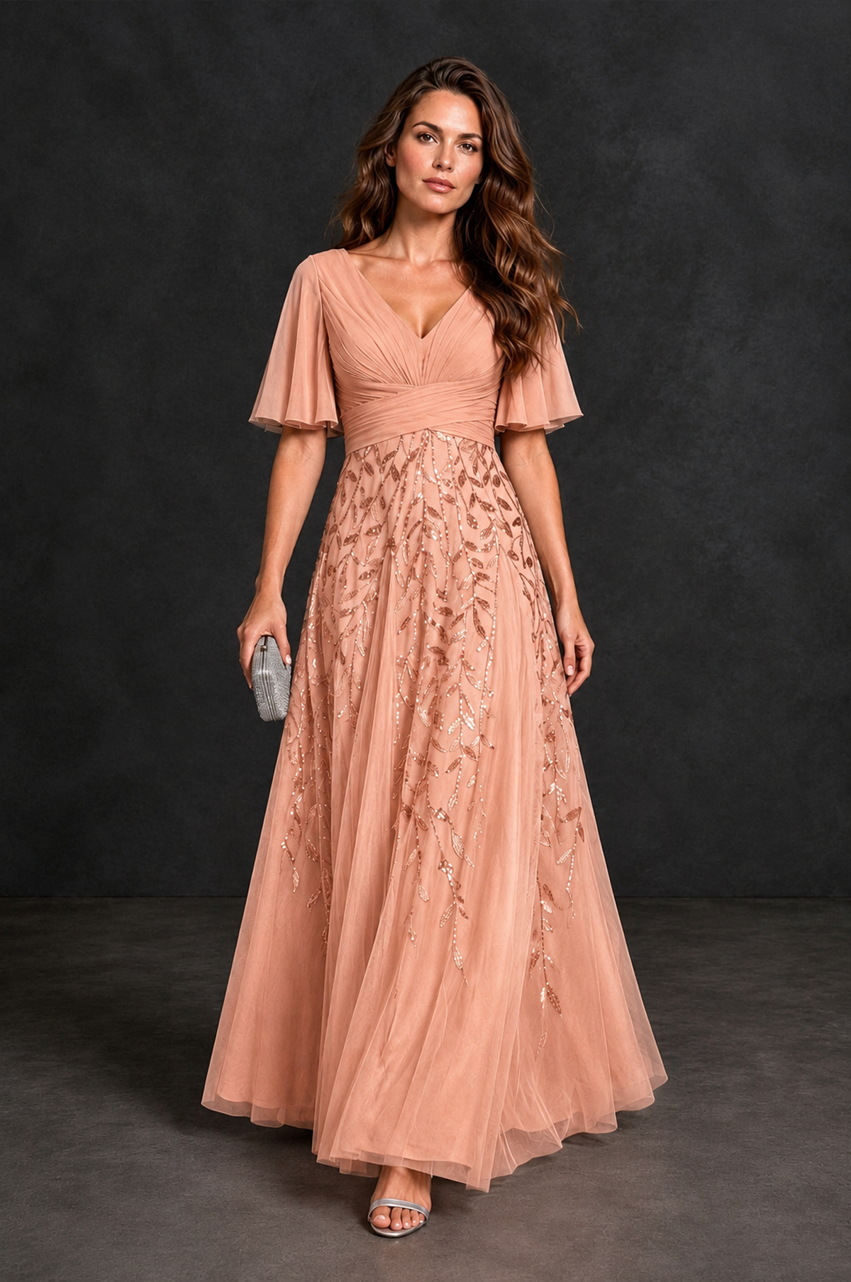 BOLODOO Rose Gold V-Neck Flutter Sleeve Beaded Botanical Tulle A-Line Gown | Mother of the Bride Evening Dress - Rose Gold - Rose Gold_4