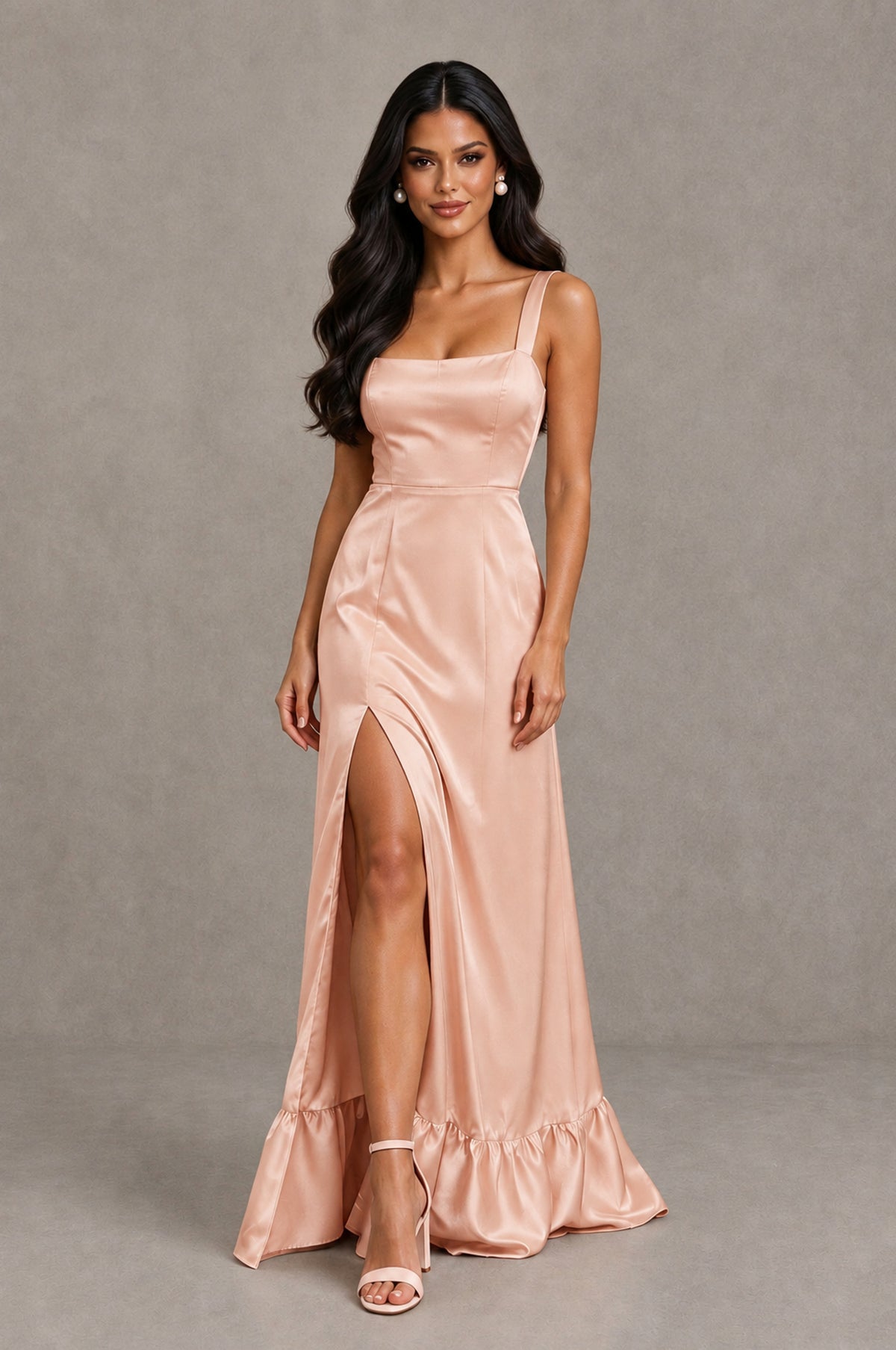 BOLODOO Rose Gold Square Neck Satin Evening Dress with Lace-Up Back and High Slit - Rose Gold - Rose Gold_4