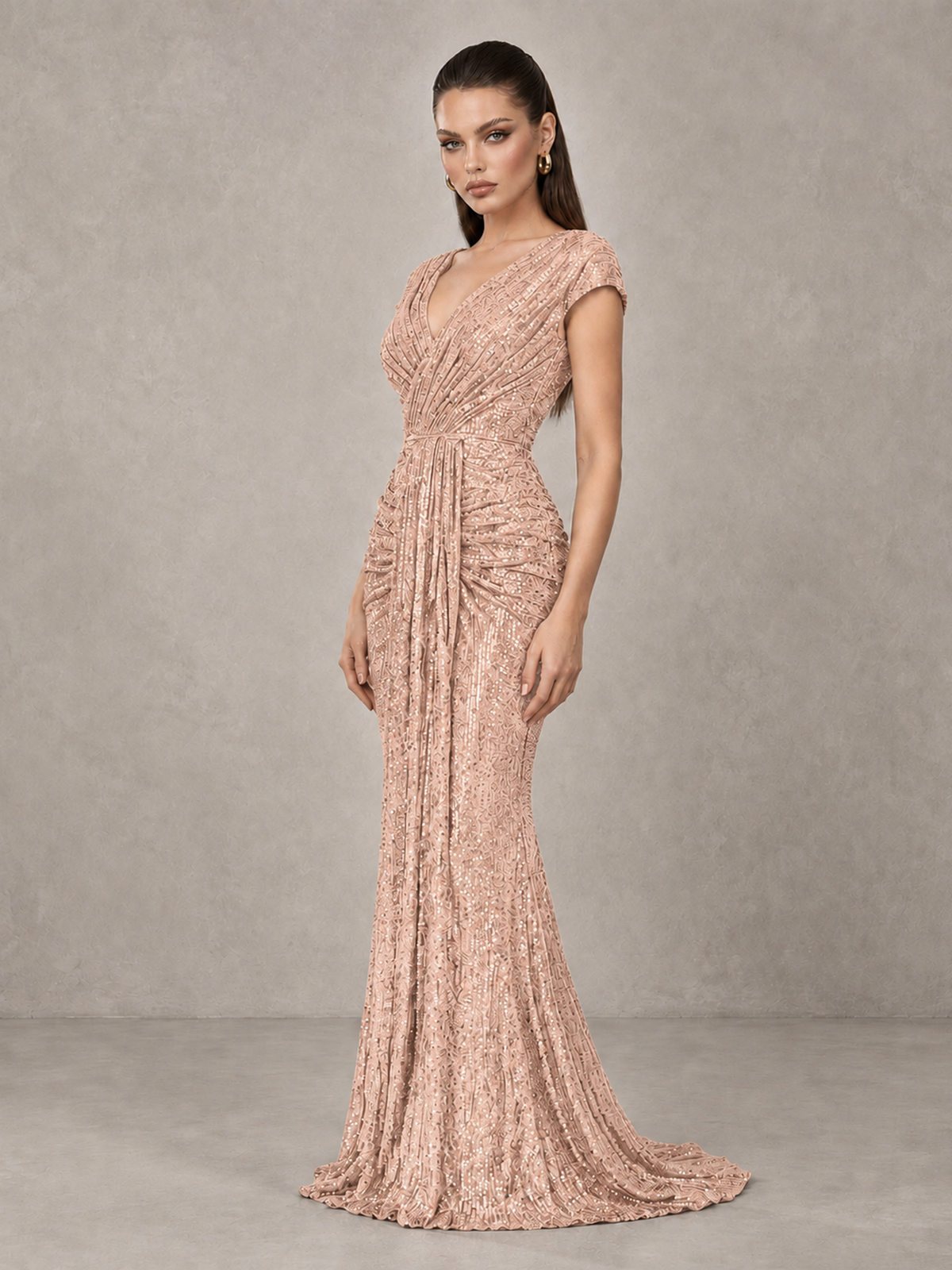 BOLODOO Rose Gold Glitter V-Neck Cap Sleeve Ruched Mermaid Evening Gown - Rose Gold - Rose Gold_4
