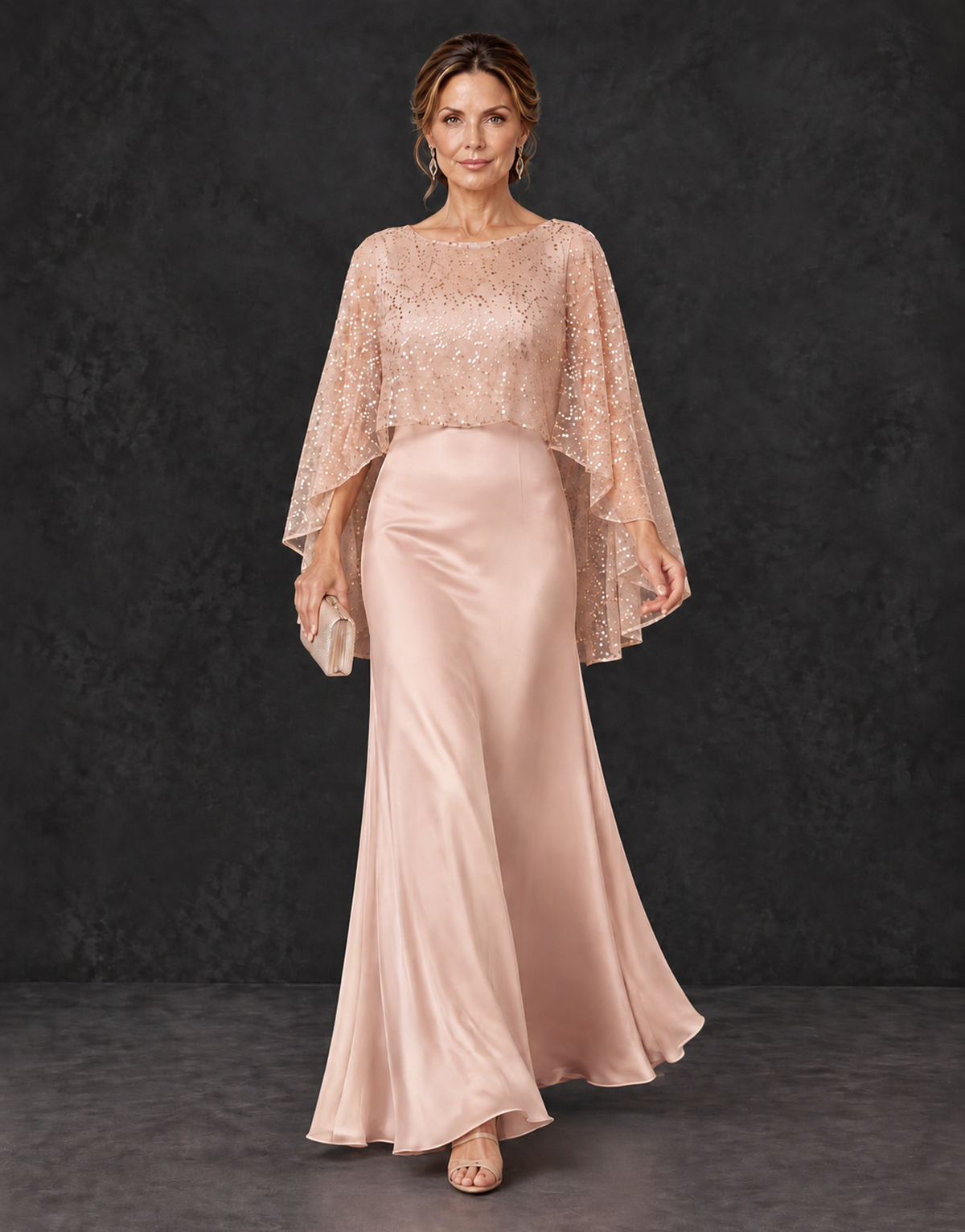 BOLODOO Rose Gold Sparkle Cape Sleeve Mother of the Bride Dress - Rose Gold - Rose_Gold_4