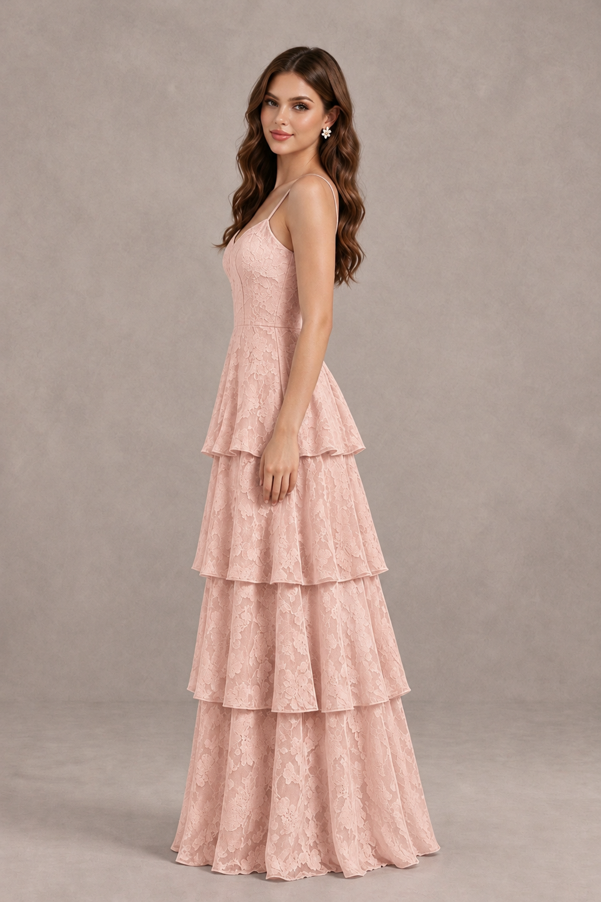 BOLODOO Rose Gold Tiered Floral-Textured Spaghetti Strap Maxi Dress - Rose Gold - Rose Gold_4