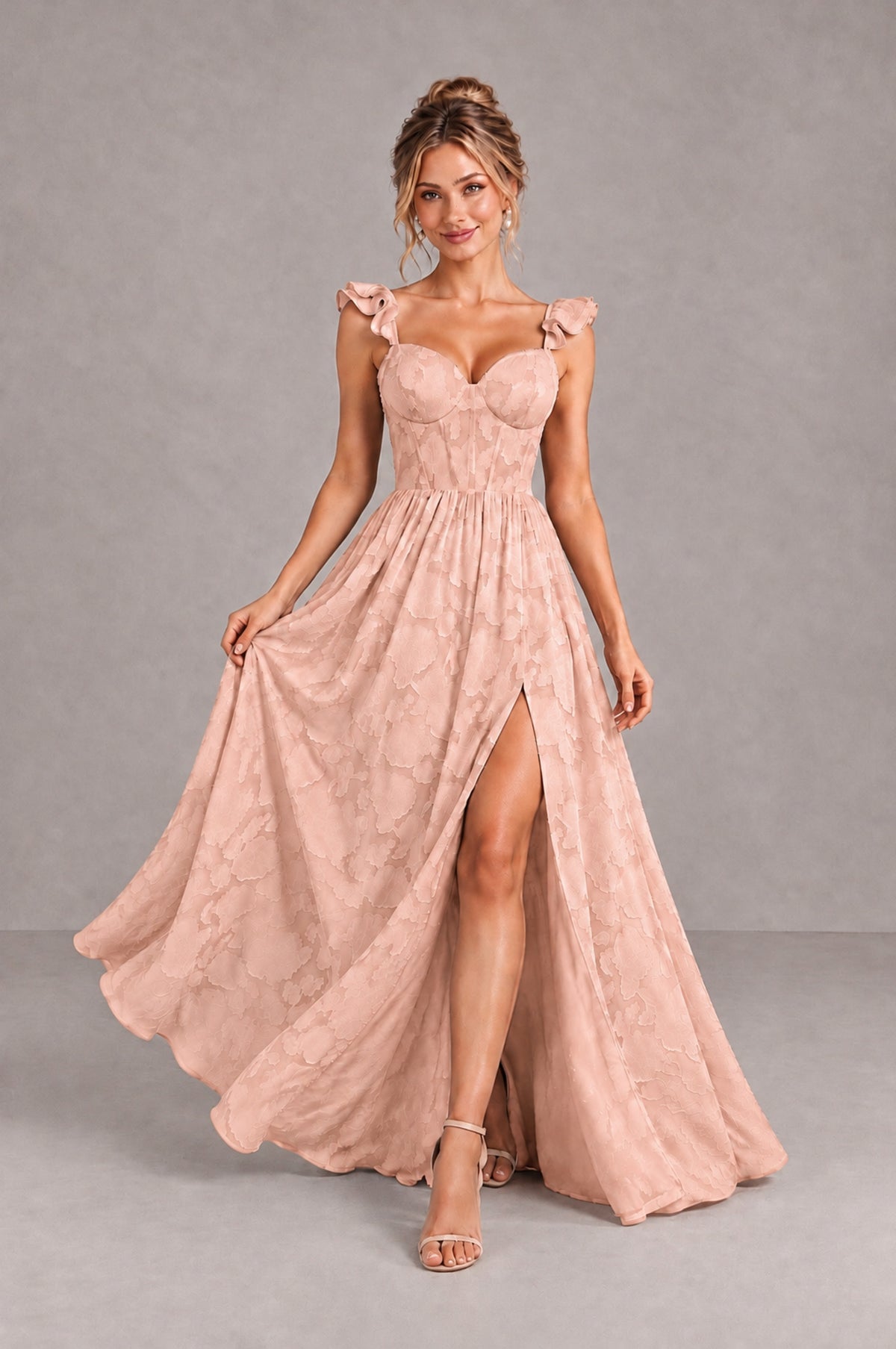 BOLODOO Rose Gold Floral A-Line Bridesmaid Dress with Slit Ruffle Straps Maxi Gown - Rose Gold - Rose Gold_4