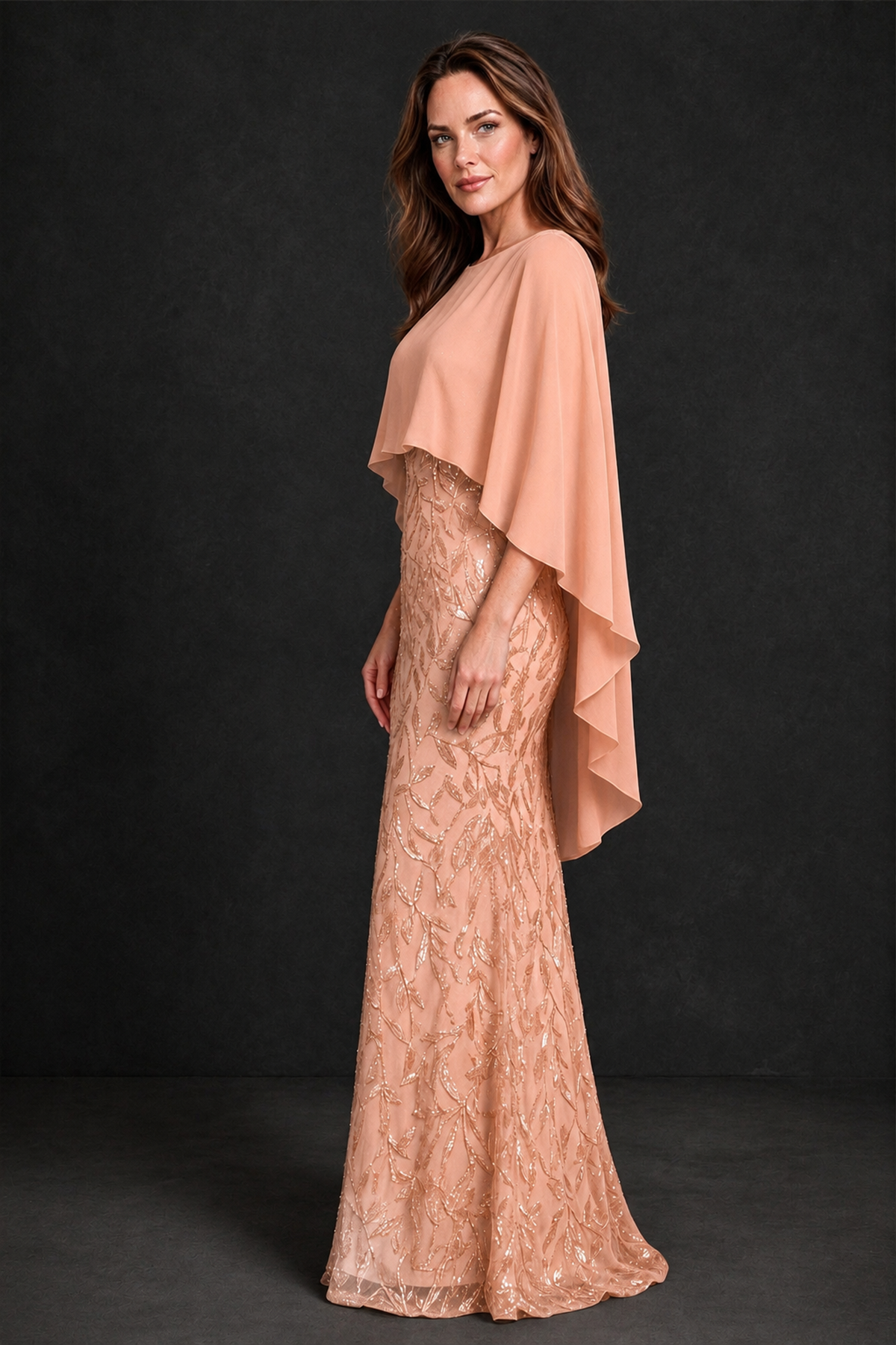 BOLODOO Rose Gold Round Neck Chiffon Cape Overlay Sequin Lace Mermaid Maxi Dress - Rose Gold - Rose Gold_4