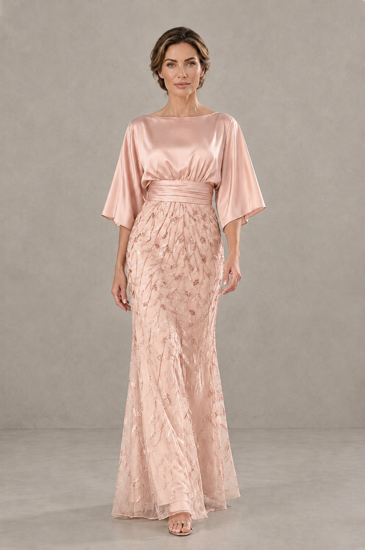 BOLODOO Rose Gold Mother of the Bride Dress with Kimono Sleeves, Satin Bodice & Sequin Embroidered Mermaid Floor-Length Gown - Rose Gold - Rose Gold (1)