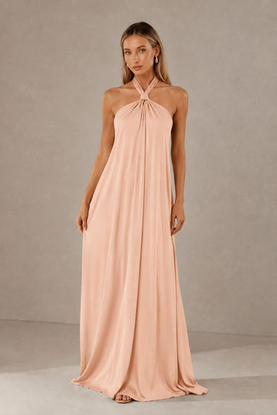BOLODOO Rose Gold Backless Halter Satin Bridesmaid Dress - Rose Gold
