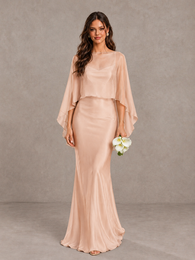BOLODOO Rose Gold Satin Mermaid Bridesmaid Dress with Chiffon Cape - Rose Gold - Rose Gold (1)