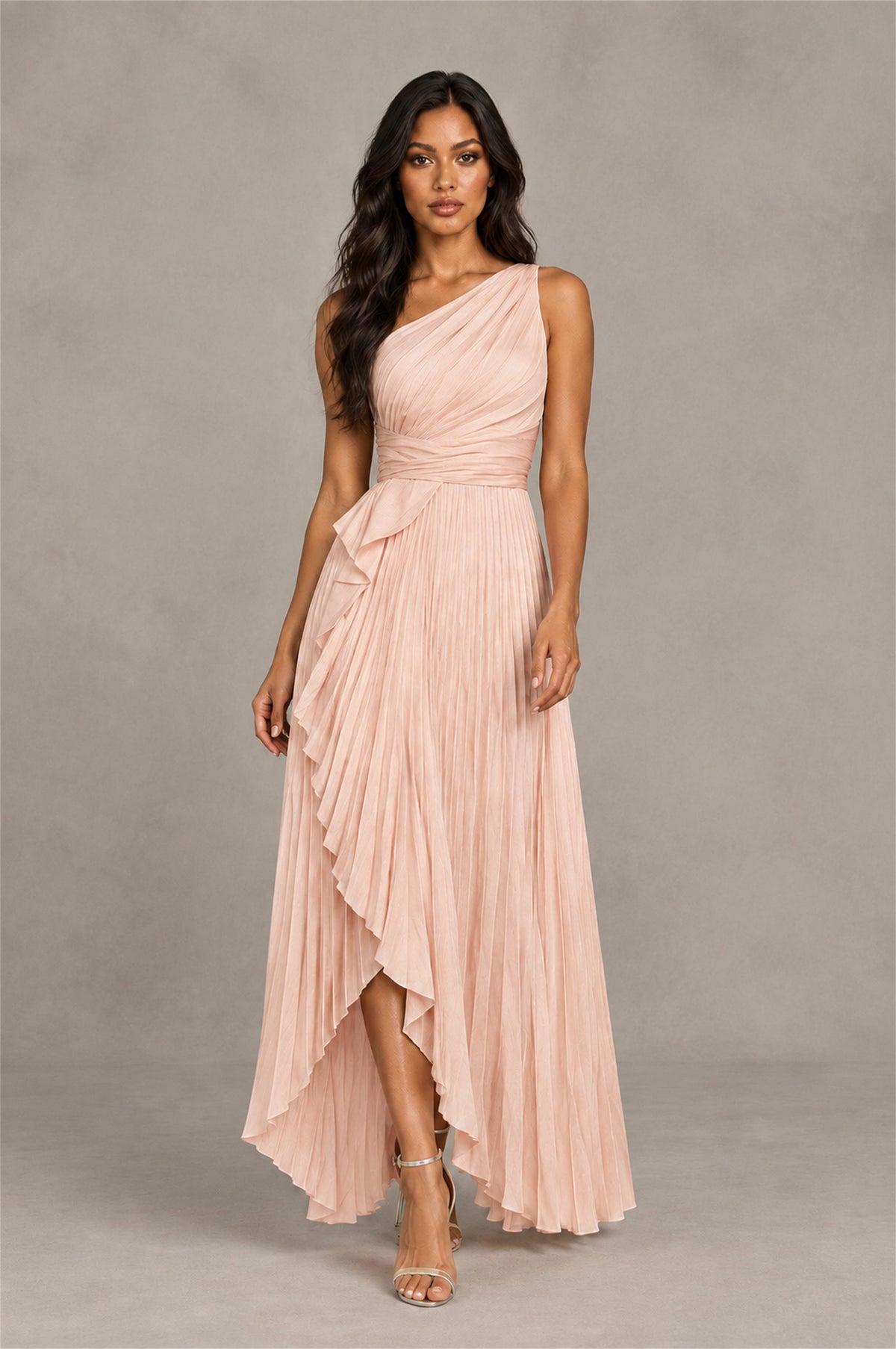 BOLODOO Rose Gold One-Shoulder High-Low Ruffle Maxi Dress - Rose Gold