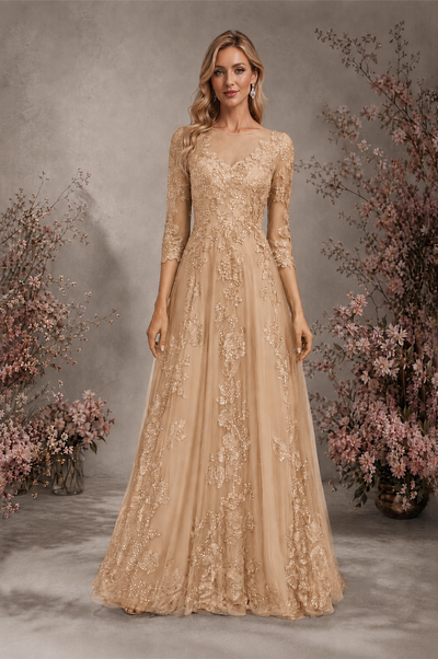 BOLODOO Rose Gold Sequin Lace 3/4 Sleeve Open Back Formal Evening Gown - Rose Gold