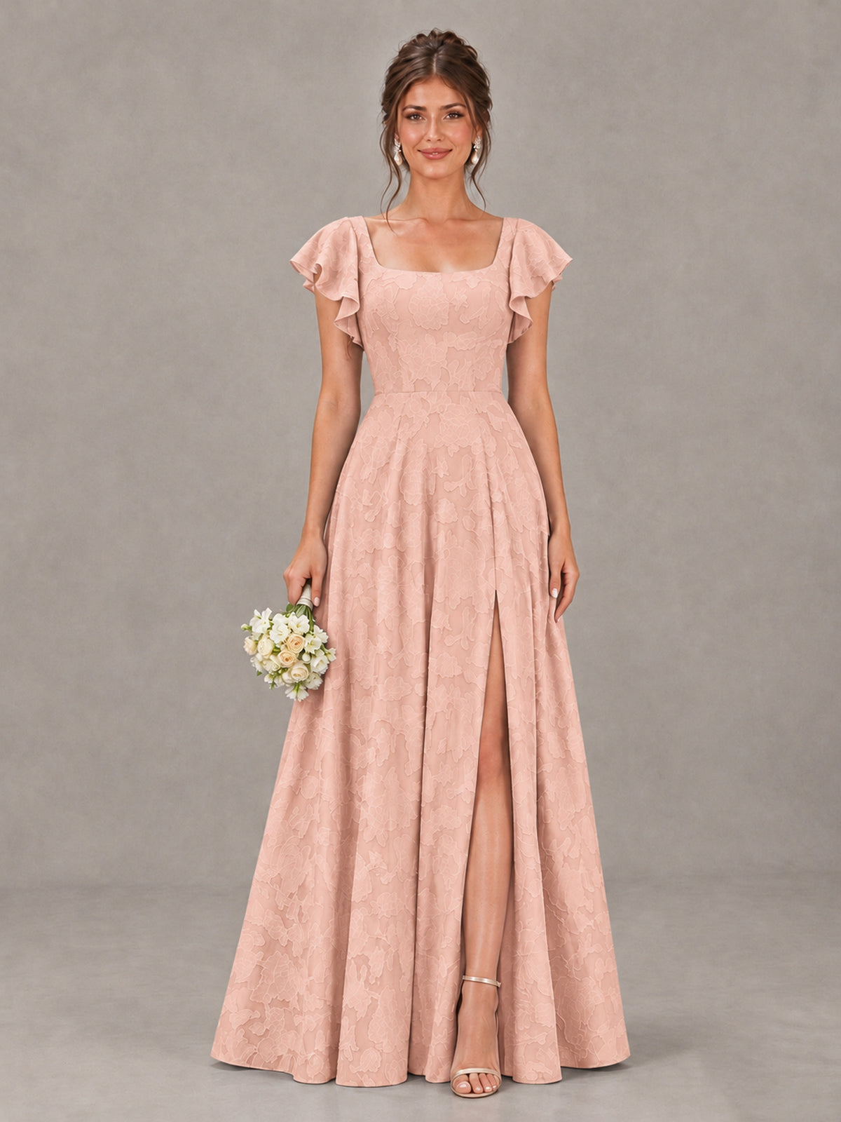 BOLODOO Rose Gold Floral Flutter Sleeve Bridesmaid Dress with Slit - Rose Gold - Rose Gold (1)