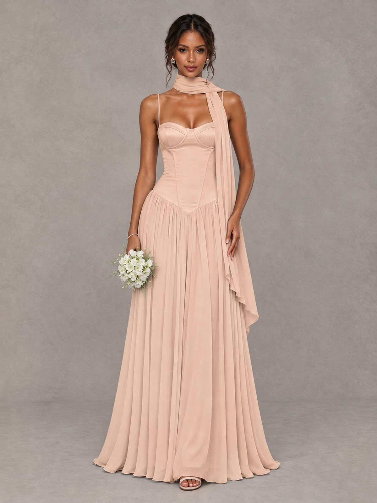 BOLODOO Rose Gold Corset Bridesmaid Dress with Scarf - Rose Gold - Rose Gold (1)