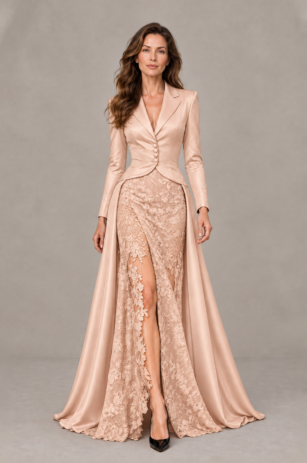 BOLODOO Rose Gold Long Sleeve Lace Blazer Gown with High Slit - Rose Gold - Rose Gold (1)