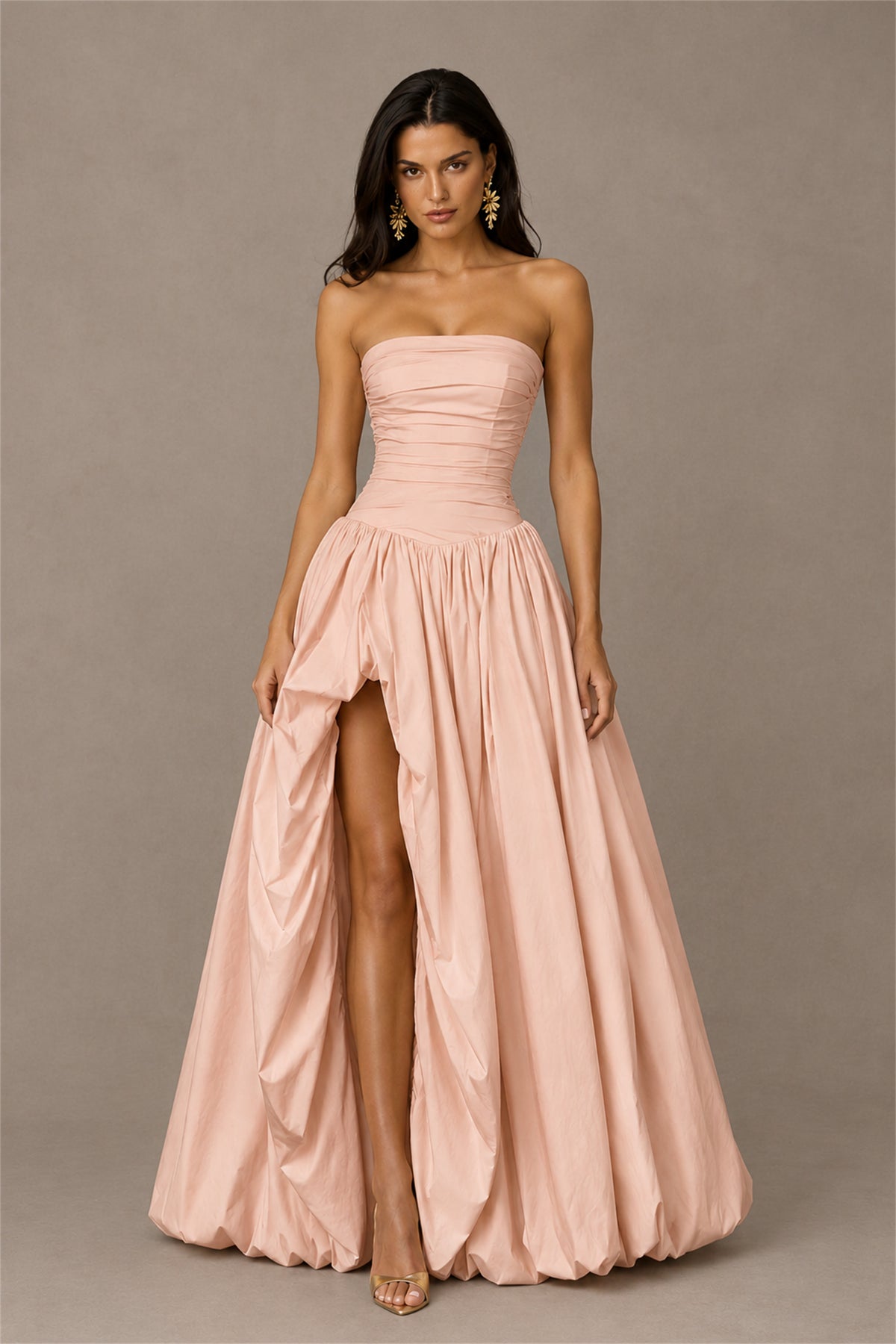 BOLODOO Rose Gold Strapless Ruched Corset Lace-Up Back Bubble Skirt High Slit Taffeta Maxi Dress - Rose Gold