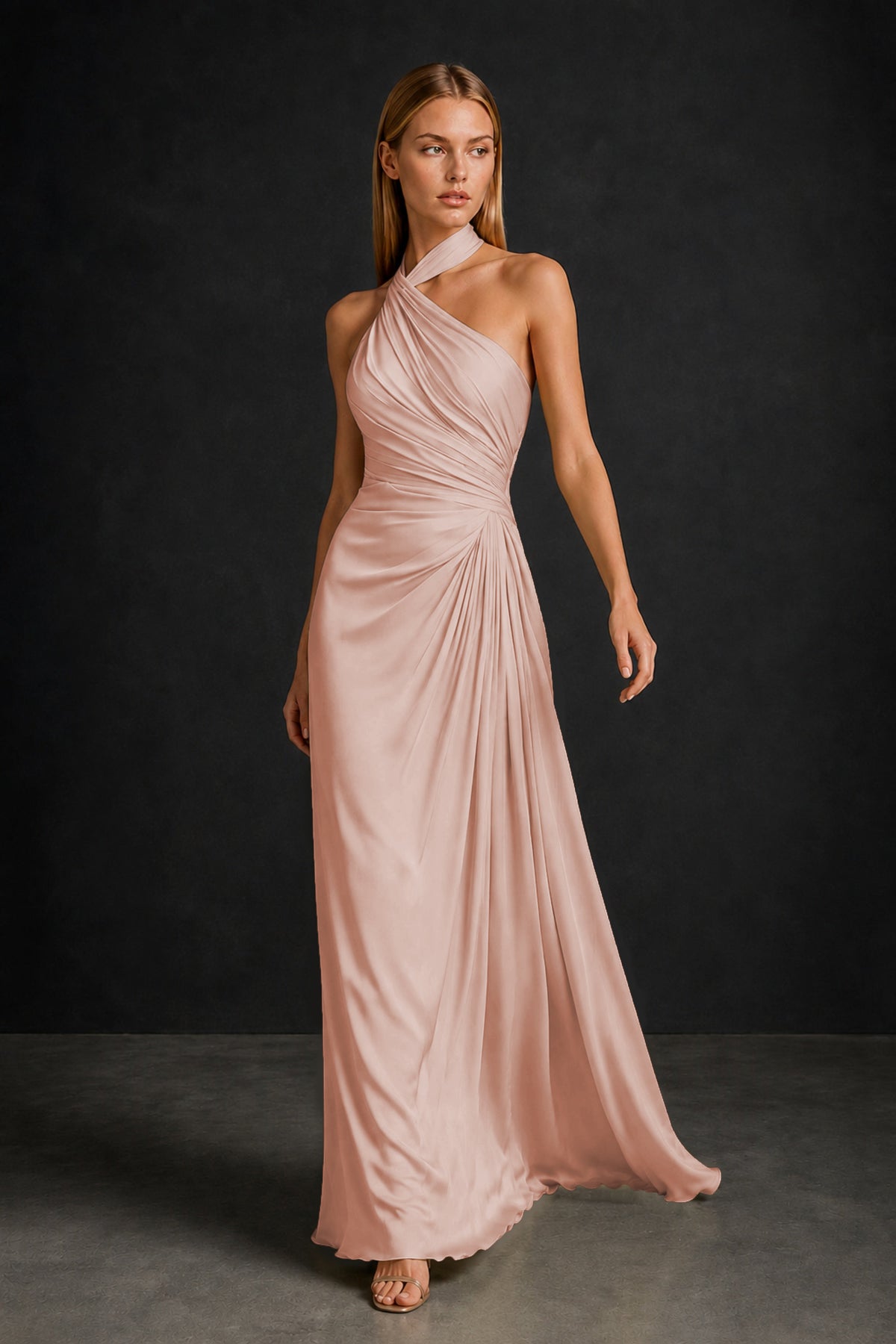BOLODOO Rose Gold Twisted Halter Neck Ruched Sleeveless Open Back Floor-Length Gown - Rose Gold