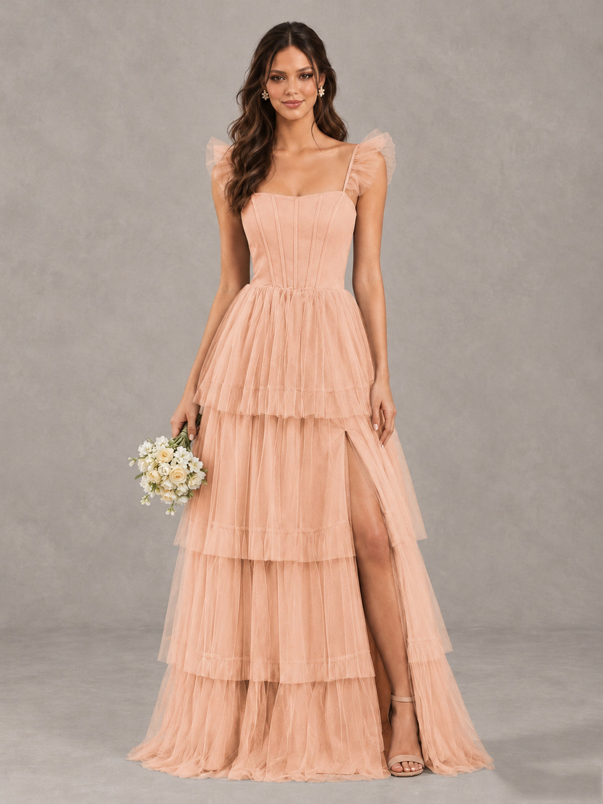BOLODOO Rose Gold Tiered Tulle Bridesmaid Dress with Slit - Rose Gold - Rose Gold (1)