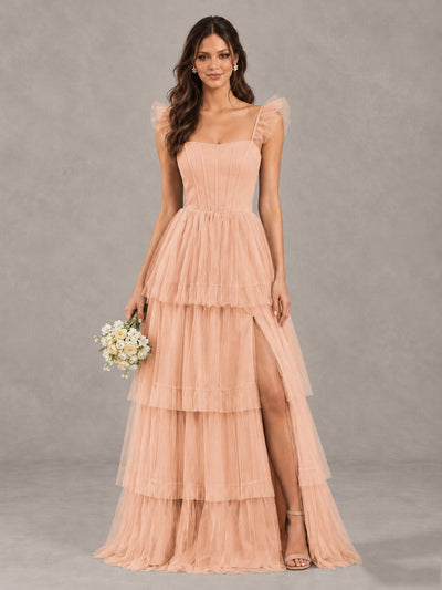 BOLODOO Rose Gold Tiered Tulle Bridesmaid Dress with Slit - Rose Gold - Rose Gold (1)