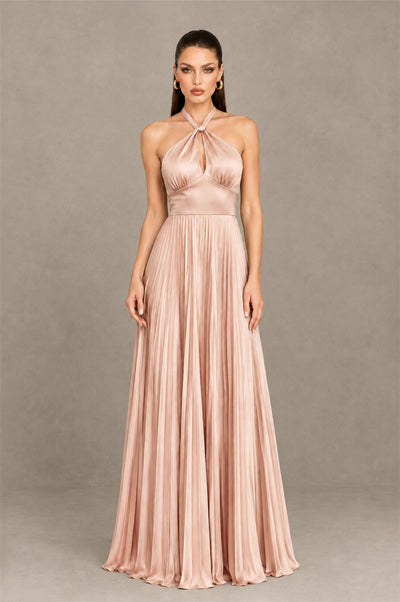 BOLODOO Rose Gold Halter Pleated A-Line Evening Dress - Rose Gold - Rose Gold (1)