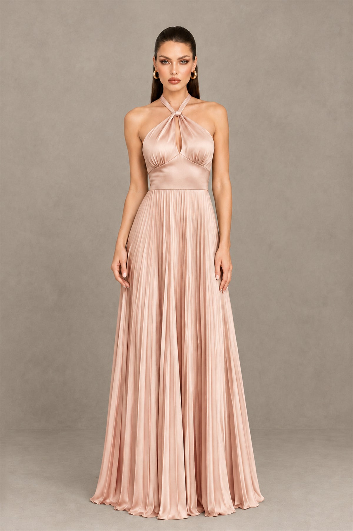 BOLODOO Rose Gold Halter Pleated A-Line Evening Dress - Rose Gold - Rose Gold (1)
