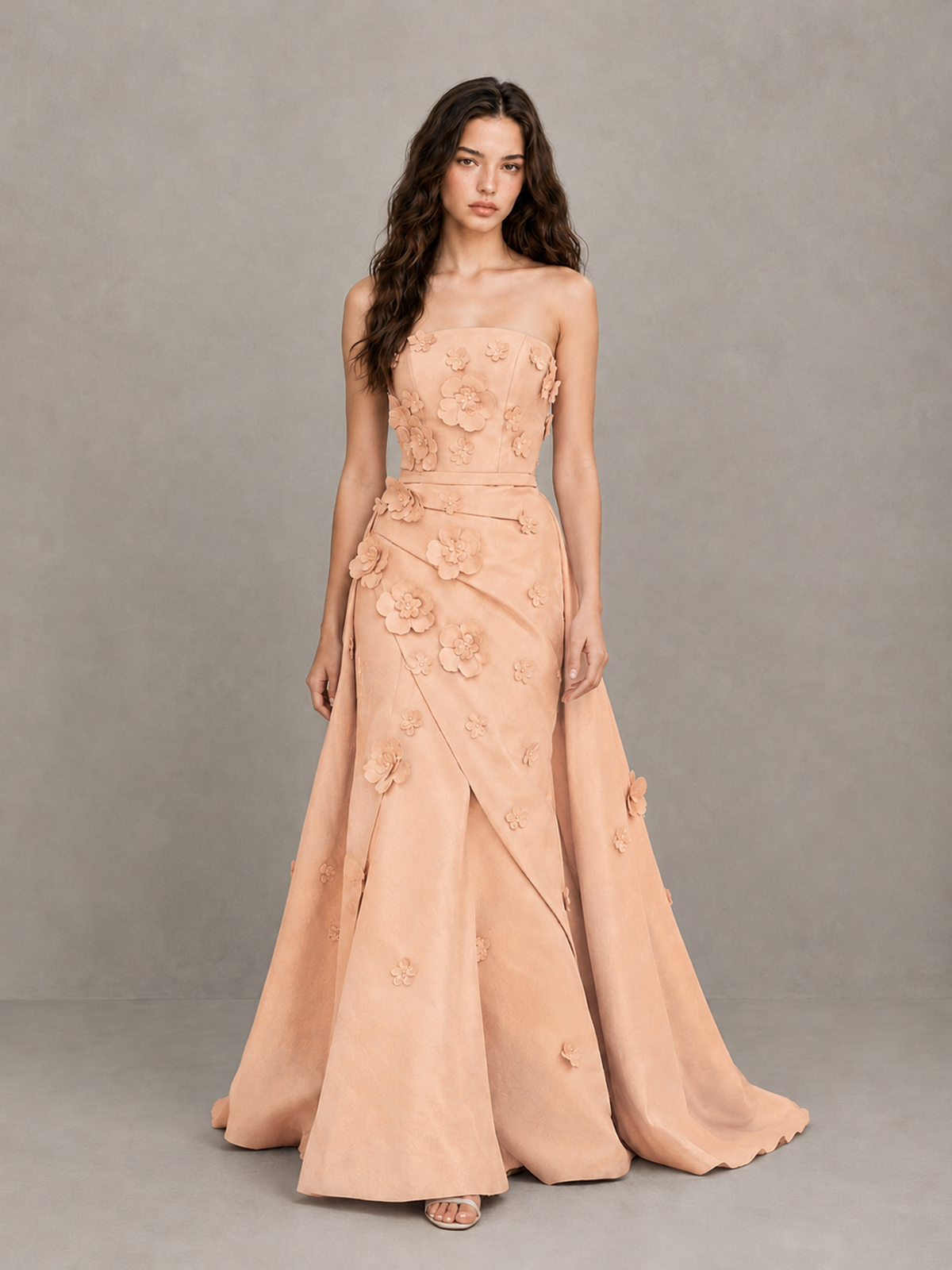 BOLODOO Rose Gold Strapless 3D Floral Applique Prom Gown with Draped Skirt - Rose Gold - Rose Gold (1)