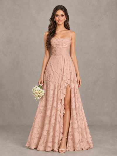 BOLODOO Rose Gold Floral Appliqué Slit Maxi Dress - Rose Gold - Rose Gold (1)