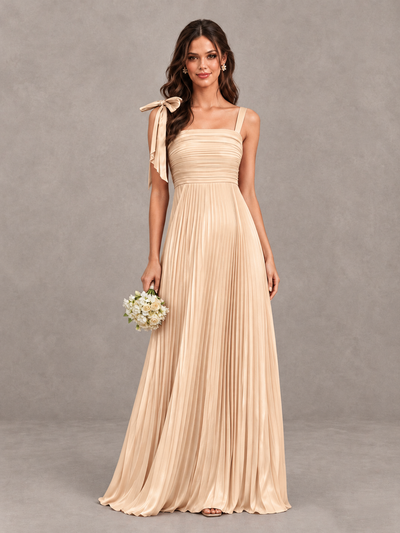 BOLODOO Rose Gold Pleated Bow-Strap Bridesmaid Maxi Dress - Rose Gold - Rose Gold (1)