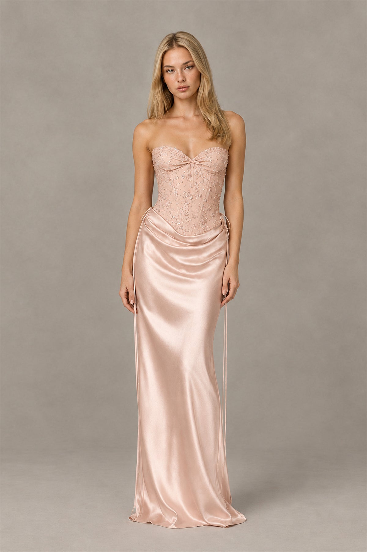 BOLODOO Rose Gold Strapless Embellished Corset Satin-Look Maxi Dress - Rose Gold