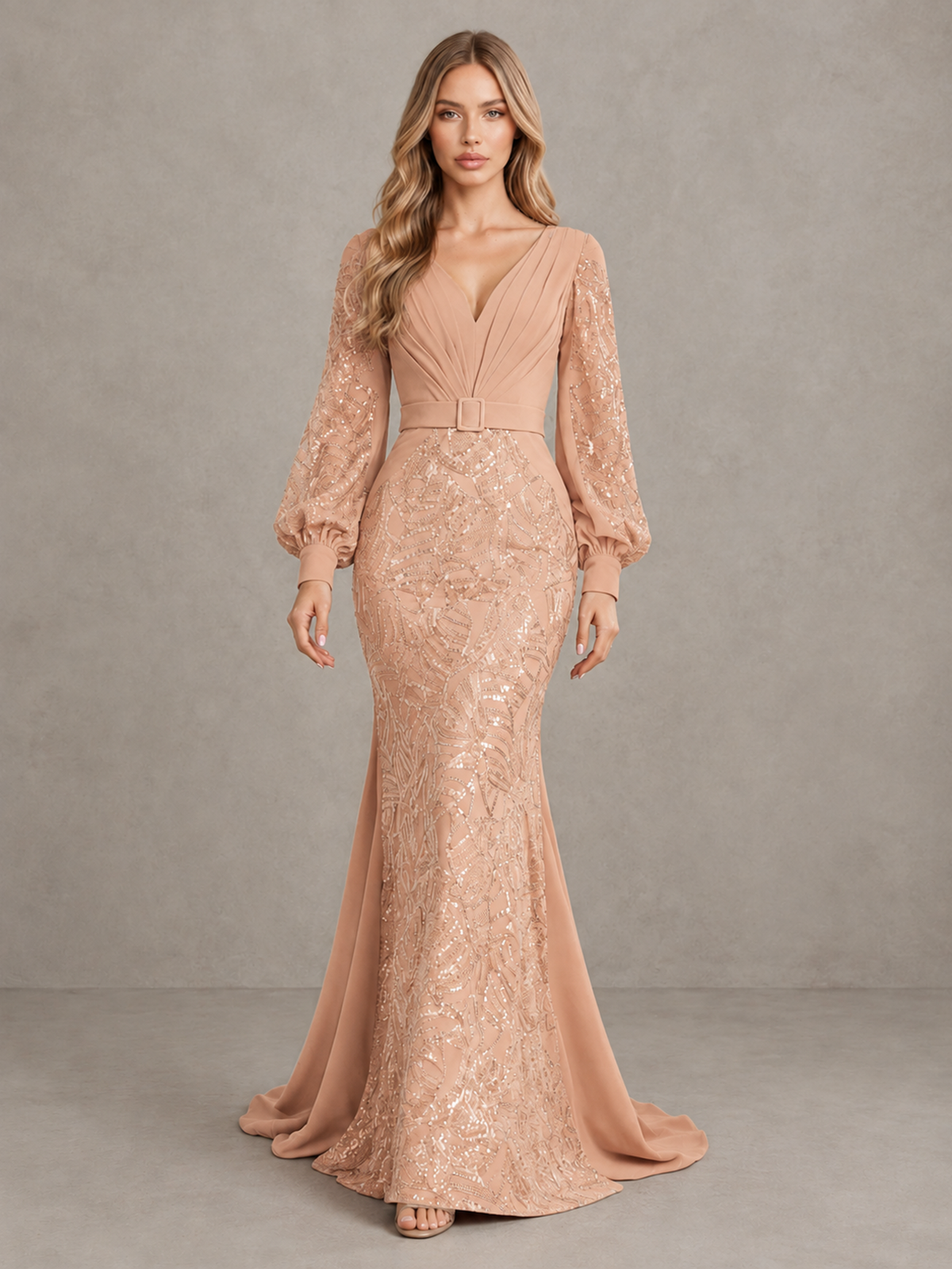 BOLODOO Rose Gold Sequin Long Bishop Sleeve Mermaid Evening Dress - Rose Gold - Rose Gold (1)