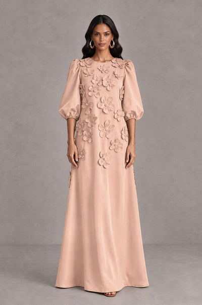 BOLODOO Rose Gold Floral Applique Puff Sleeve A-Line Evening Dress - Rose Gold - Rose Gold (1)