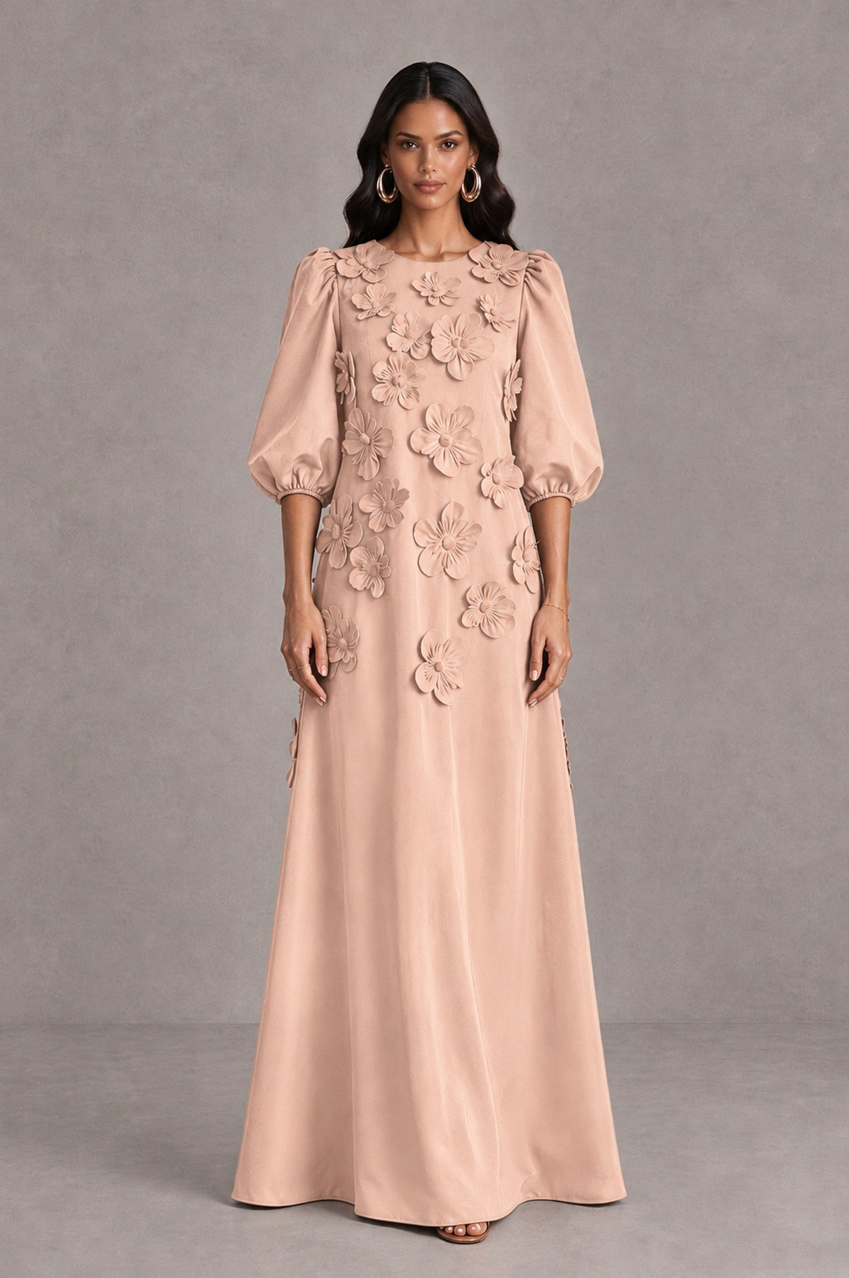 BOLODOO Rose Gold Floral Applique Puff Sleeve A-Line Evening Dress - Rose Gold - Rose Gold (1)