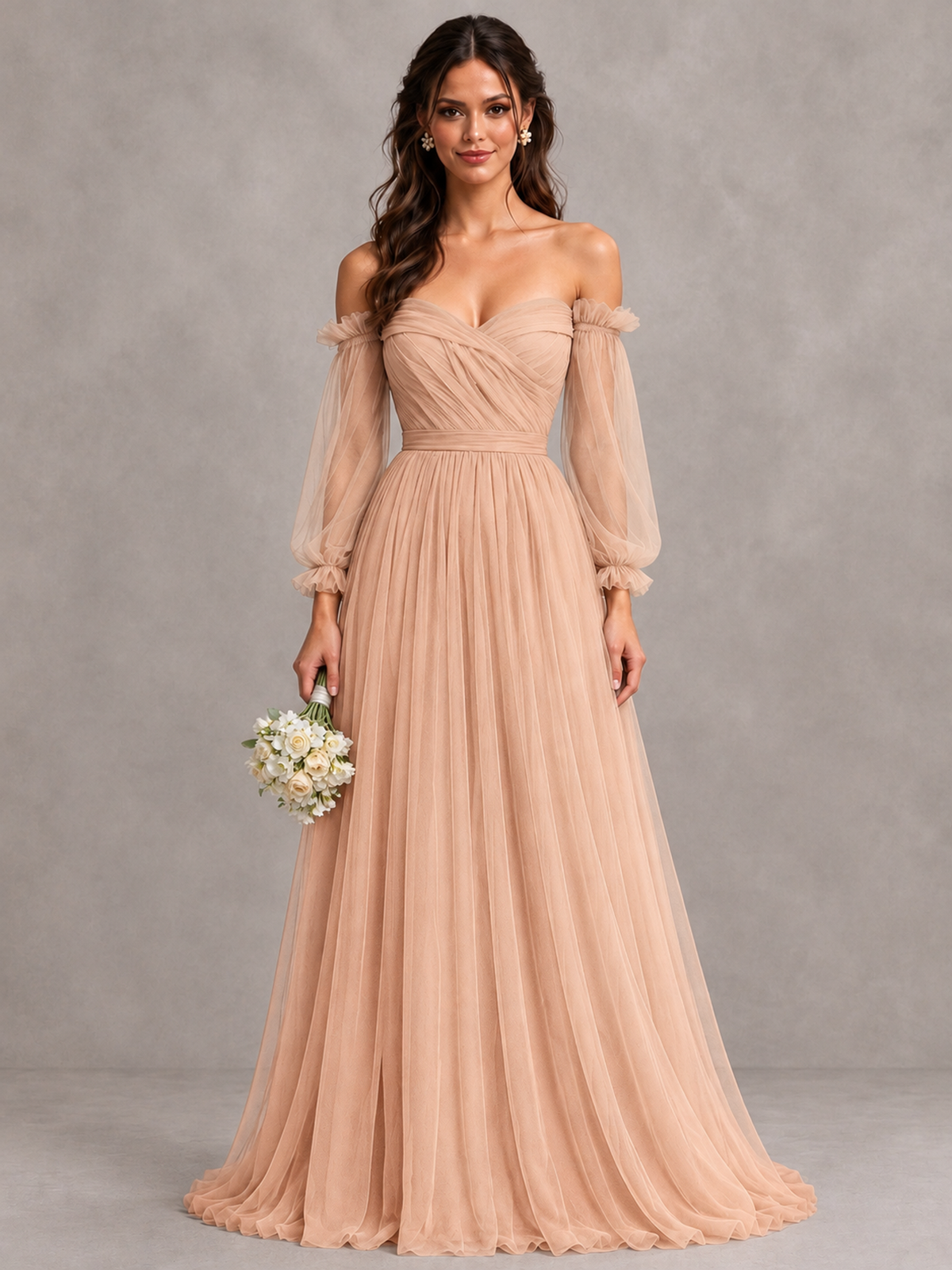 BOLODOO Rose Gold Off-the-Shoulder Long Sleeve A-Line Bridesmaid Dress - Rose Gold - Rose Gold (1)