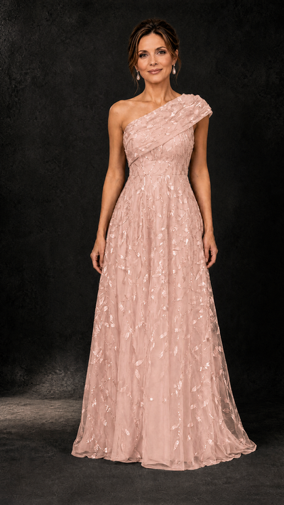 BOLODOO Rose Gold Leaf Sequin One-Shoulder A-Line Maxi Gown – Mother of the Bride & Formal Evening Dress - Rose Gold