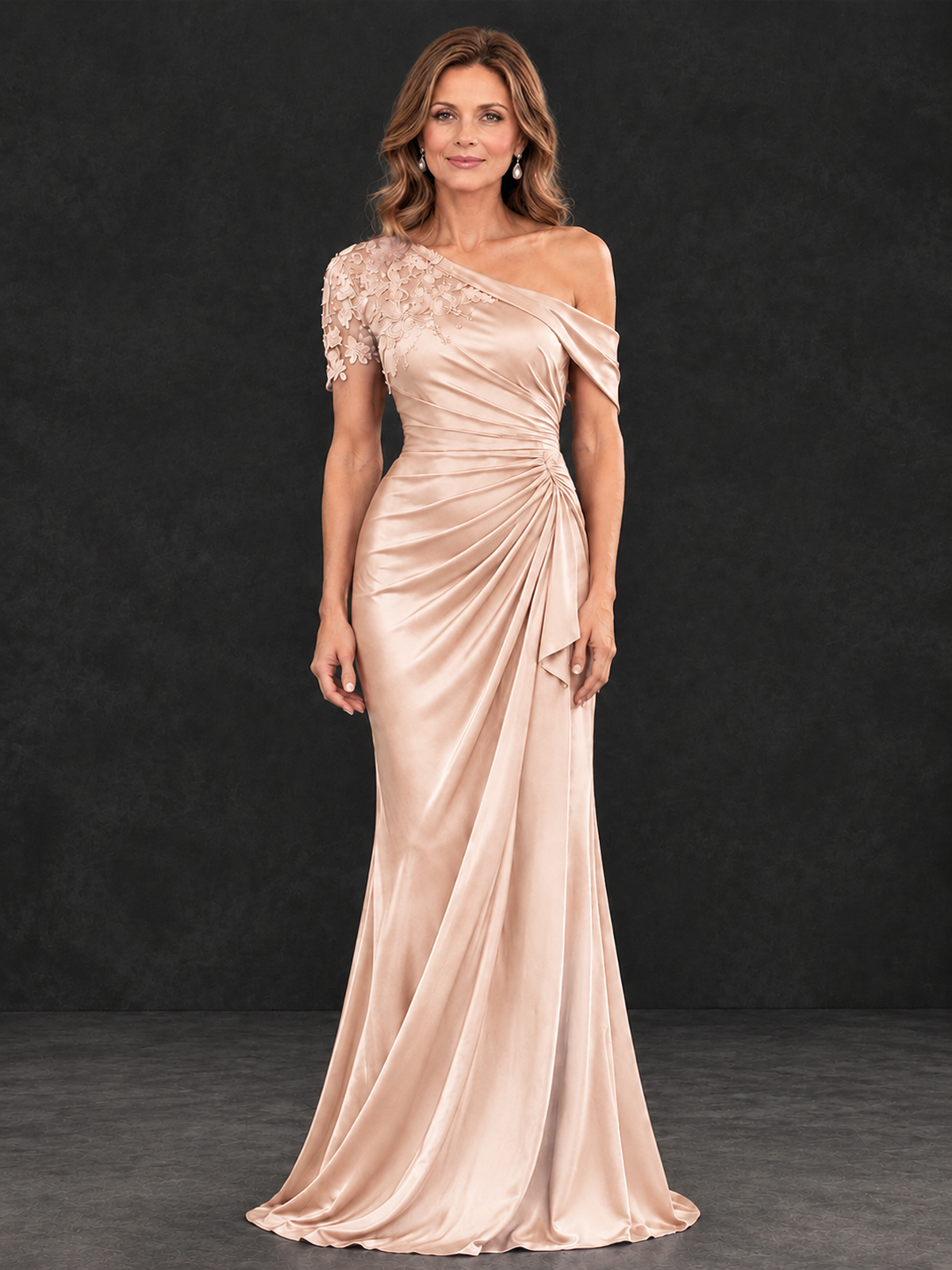 BOLODOO Rose Gold Asymmetric Satin Mother of the Bride Dress with Lace Sleeve - Rose Gold - Rose Gold (1)