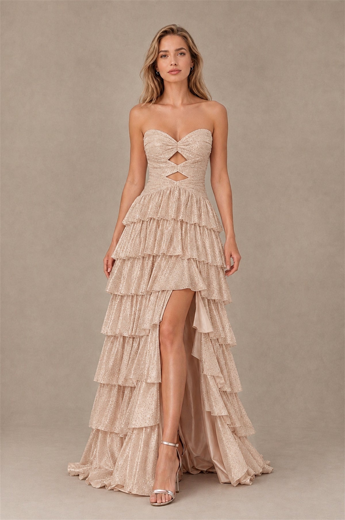 BOLODOO Rose Gold Strapless Cutout Tiered Ruffle Prom Dress with High Slit - Rose Gold - Rose Gold (1)