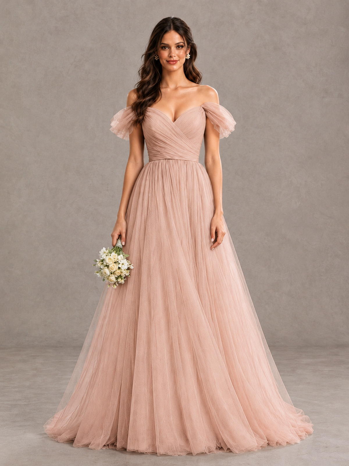 BOLODOO Rose Gold Off-the-Shoulder Ruffle Sleeve A-Line Bridesmaid Dress - Rose Gold - Rose Gold (1)