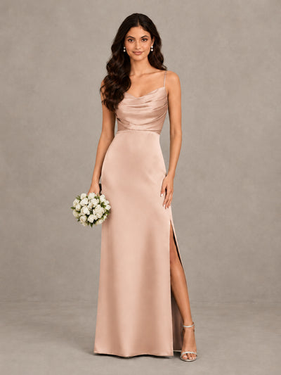 BOLODOO Rose Gold Cowl Neck Satin Bridesmaid Dress with Slit - Rose Gold - Rose Gold (1)