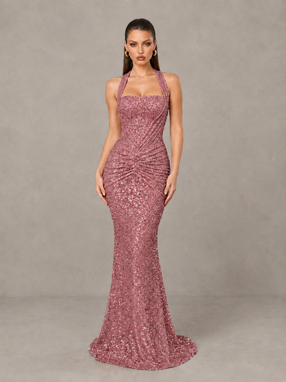 BOLODOO Rose Gold Sequin Halter Mermaid Evening Gown - Rose Gold - Rose Gold (1)
