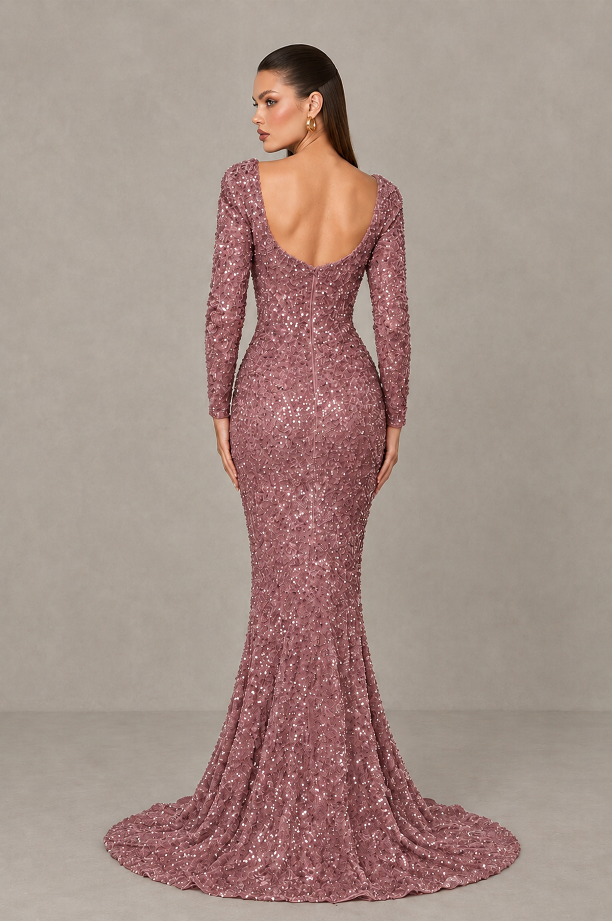 BOLODOO Rose Gold Sequin Long Sleeve Evening Gown with High Slit - Rose Gold - Rose Gold (2)