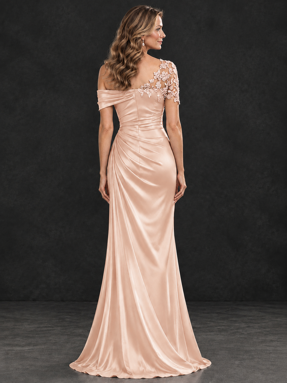 BOLODOO Rose Gold Asymmetric Satin Mother of the Bride Dress with Lace Sleeve - Rose Gold - Rose Gold (2)