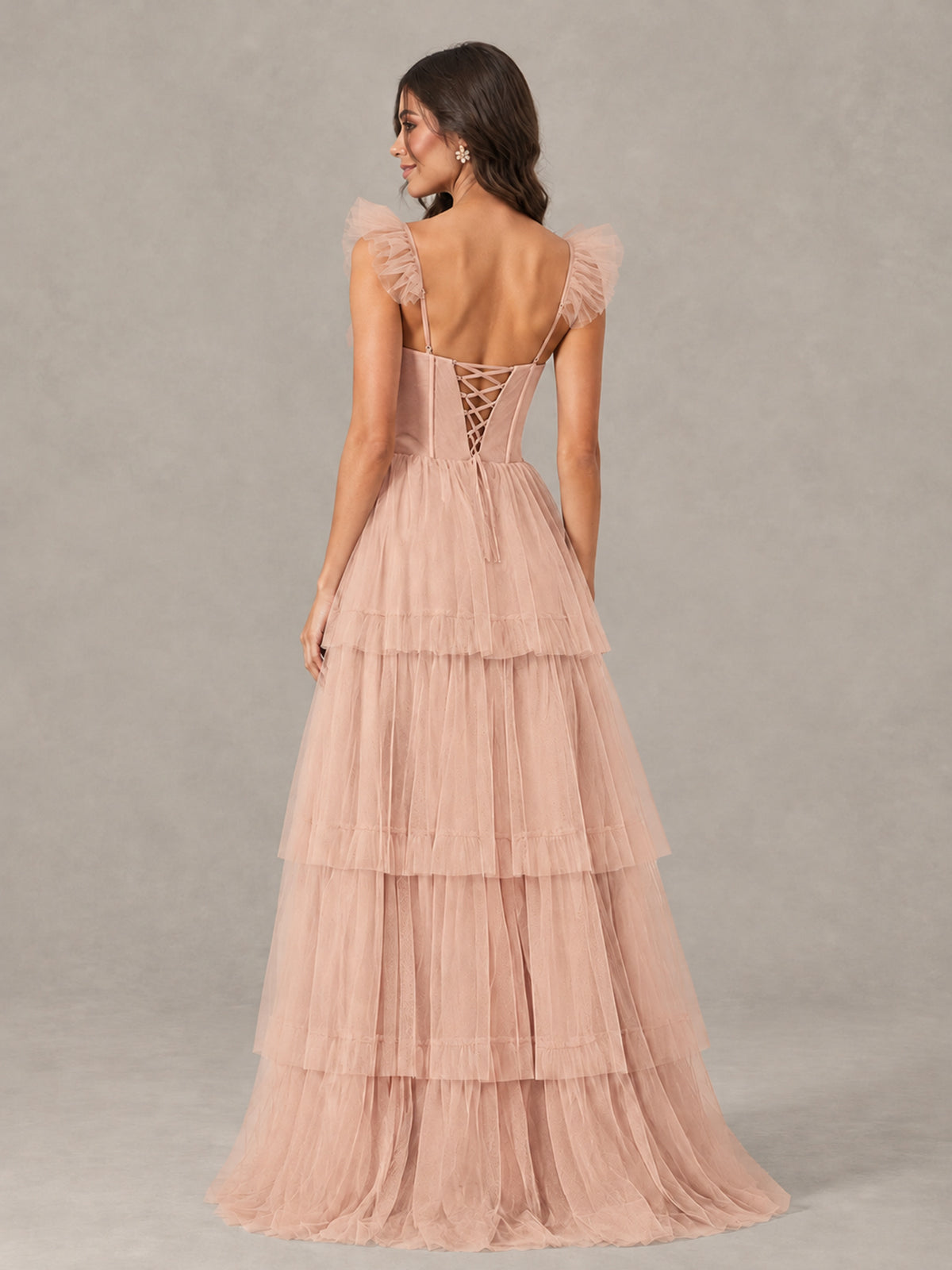 BOLODOO Rose Gold Tiered Tulle Bridesmaid Dress with Slit - Rose Gold - Rose Gold (2)