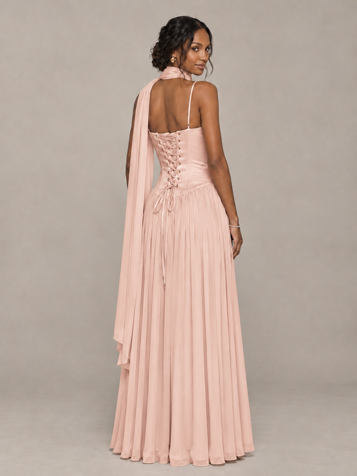 BOLODOO Rose Gold Corset Bridesmaid Dress with Scarf - Rose Gold - Rose Gold (2)