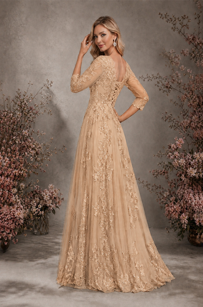 BOLODOO Rose Gold Sequin Lace 3/4 Sleeve Open Back Formal Evening Gown - Rose Gold