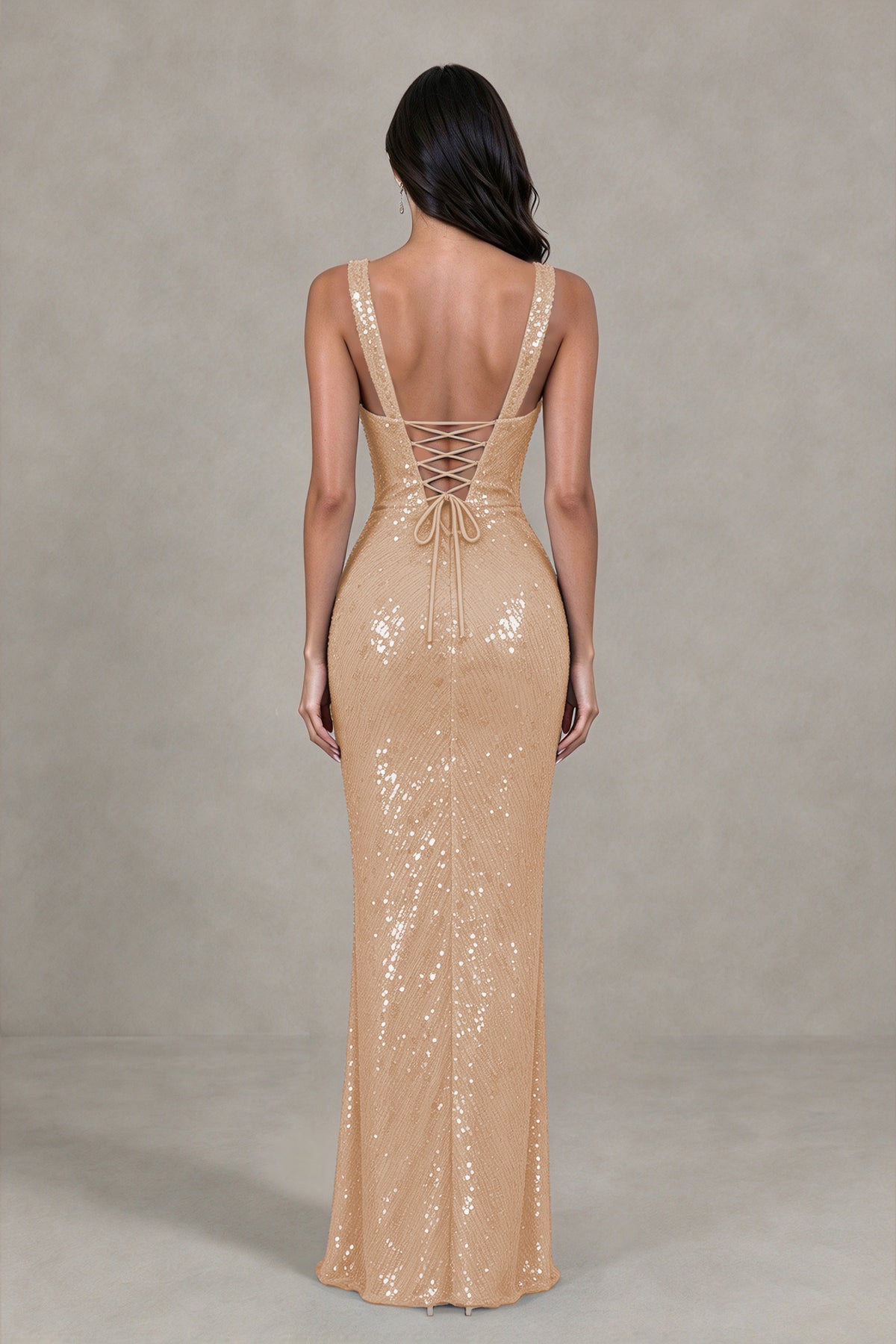 BOLODOO Rose Gold Sequin Deep V-Neck Lace-Up Back High-Slit Evening Dress - Rose Gold - Rose Gold (2)