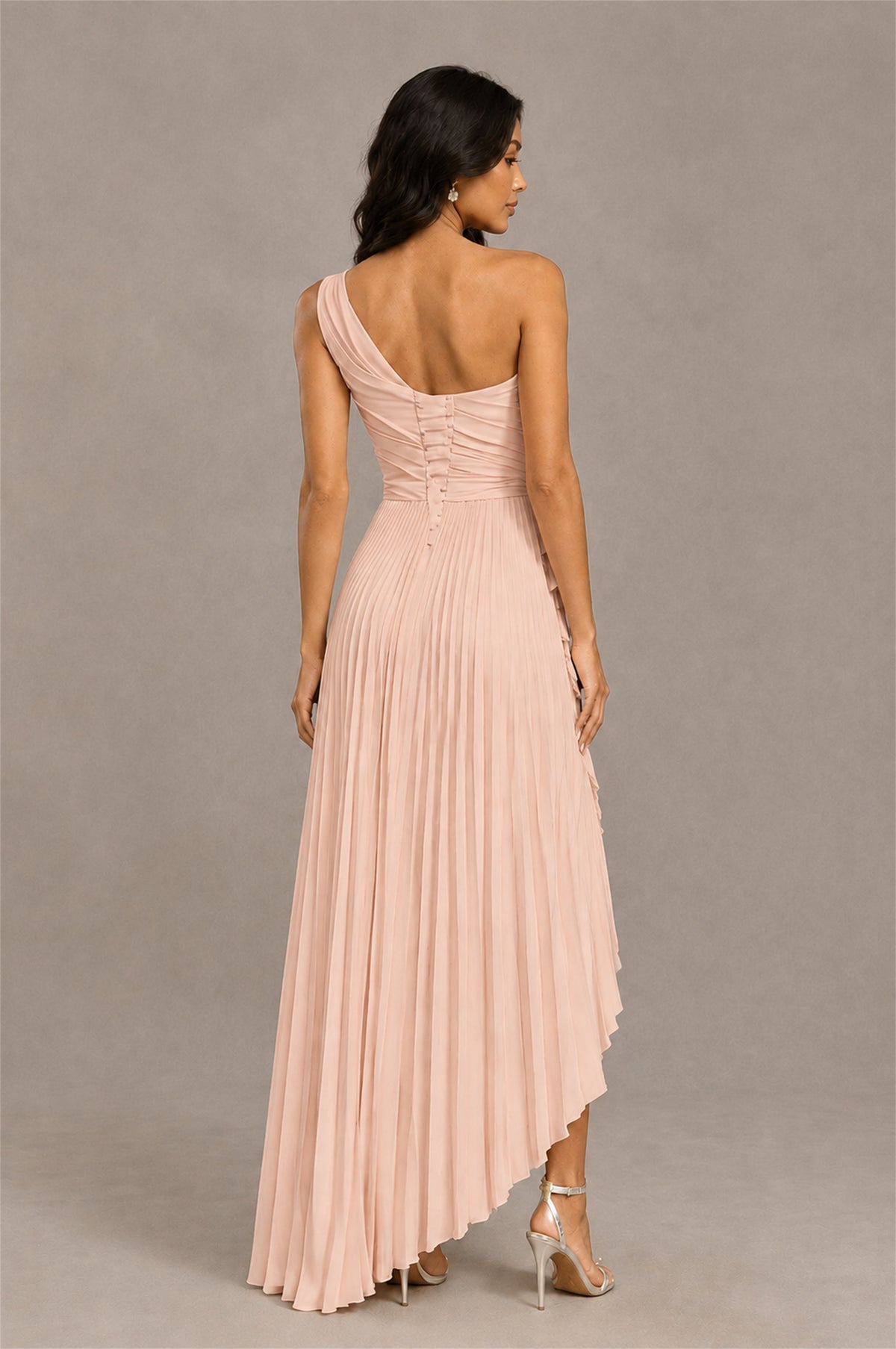 BOLODOO Rose Gold One-Shoulder High-Low Ruffle Maxi Dress - Rose Gold